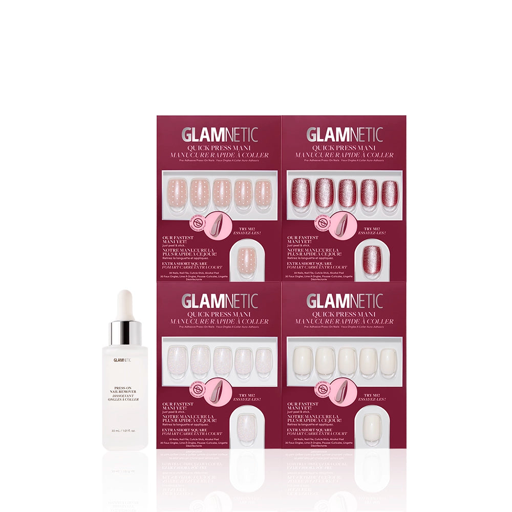 Four sets of glamnetic Square Shorties press-on nails in pink and white designs are arranged in a grid above a glamnetic Press-On Nail Remover bottle, all displayed on a clean, white background. - Product image