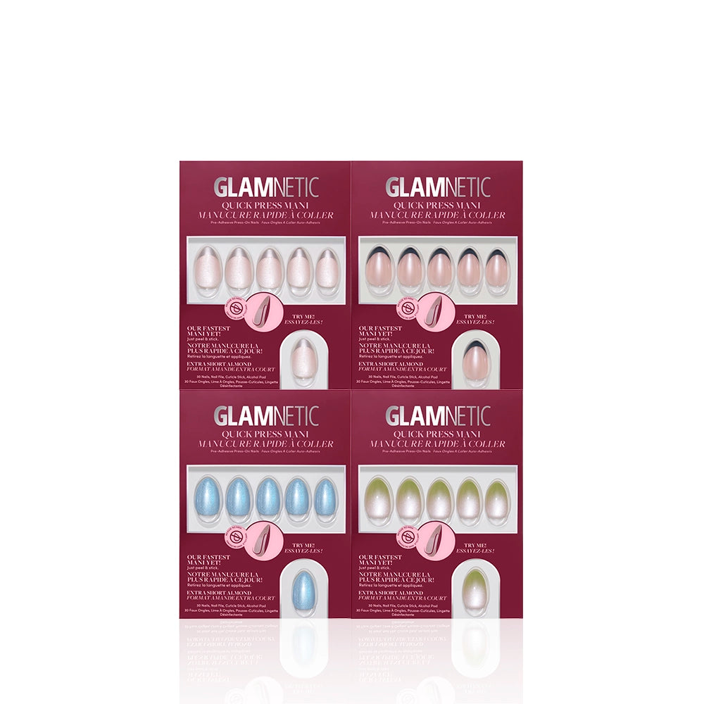 Four packs of glamnetic Stick With Almonds extra short almond nails in assorted pastels, shown in maroon boxes with clear windows revealing the stick-on nails, arranged 2x2 on a white background. - Product image