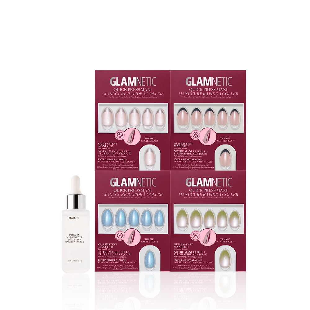 Four boxes of glamnetic Stick With Almonds stick-on nails in various colors and finishes are arranged in a square, with a glamnetic cuticle oil dropper bottle placed in front, all set against a white background. - Product image