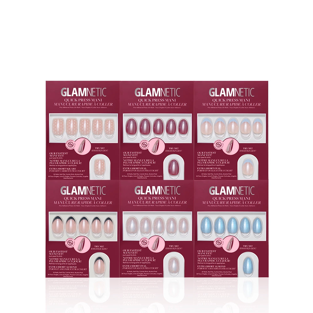 Six packs of glamnetic Stuck On Glaze stick-on nails, each with a unique pink, nude, or blue design, arranged in two rows with product details shown on a maroon background. - Product image