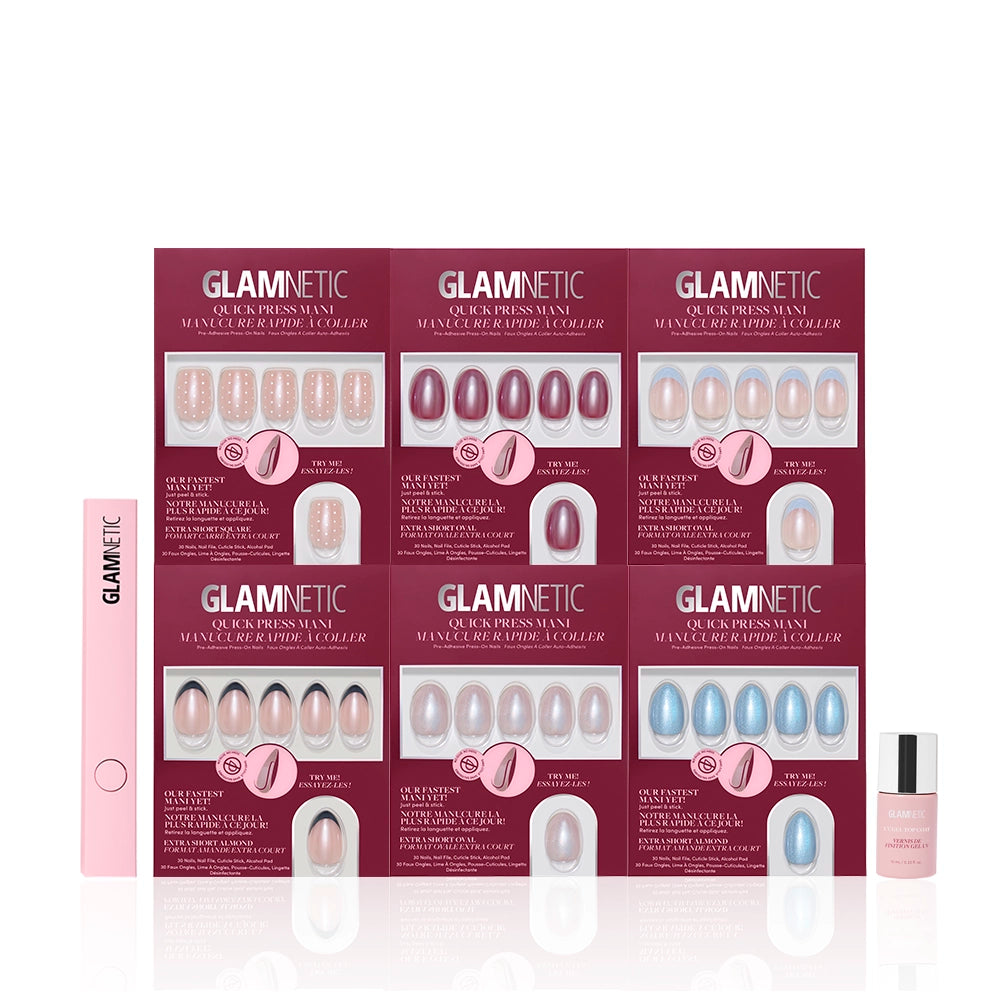 The glamnetic Stuck On Glaze set includes six Quick Press Manis kits with assorted stick-on nails in pink packaging, plus a pink nail file, cuticle stick, and nail glue. - Product image