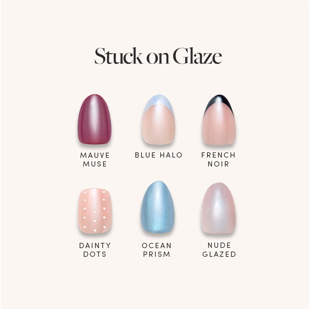 Stuck On Glaze by glamnetic features six no-glue stick-on nails: Mauve Muse, Blue Halo, French Noir, Dainty Dots, Ocean Prism, and Nude Glazed for easy salon-worthy nails in minutes.