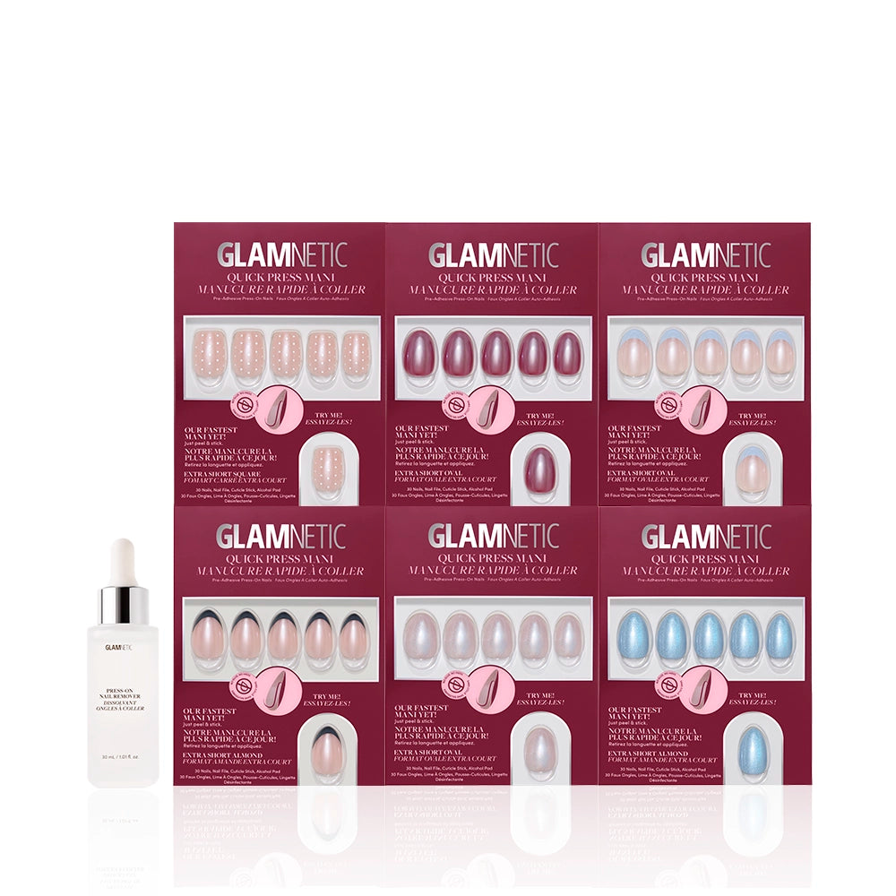 Six boxes of glamnetic Stuck On Glaze in pastel colors are arranged in two rows, with a nail glue dropper bottle in front—all set against a white background for easy, salon-perfect stick-on nails at home. - Product image