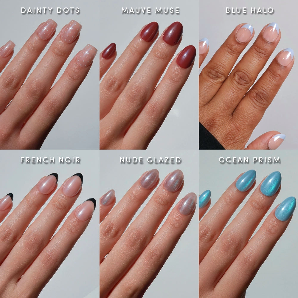 A collage of six hands with assorted manicures—like pink with white dots, matte mauve, and light blue tips—showcases labeled Stuck On Glaze by glamnetic, featuring easy stick-on nails that require no glue.