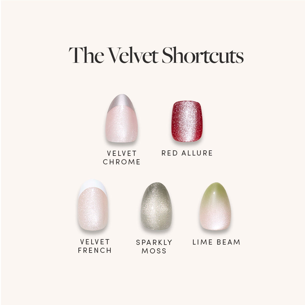 Five nail designs—Velvet Chrome, Red Allure, Velvet French, Sparkly Moss, and Lime Beam—shine on a light background. All feature glamnetic’s The Velvet Shortcuts no-glue stick-on nails for effortless style and unique colors.