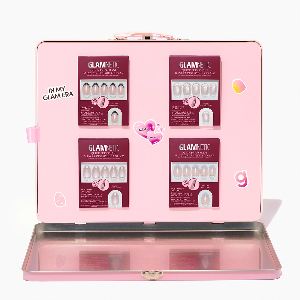 The glamnetic Quick Press Mani PR Box features four no-glue press-on nail packs in burgundy packaging, displayed inside a pink box decorated with fun stickers and the phrase "IN MY GLAM ERA" for easy at-home manicures. - Product image