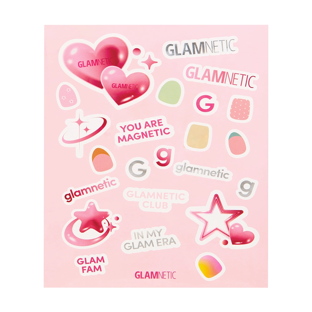 A sheet of colorful stickers with hearts, stars, and phrases like “IN MY GLAM ERA” on a pink background—perfect for pairing with glamnetic’s Quick Press Mani PR Box. - Product image