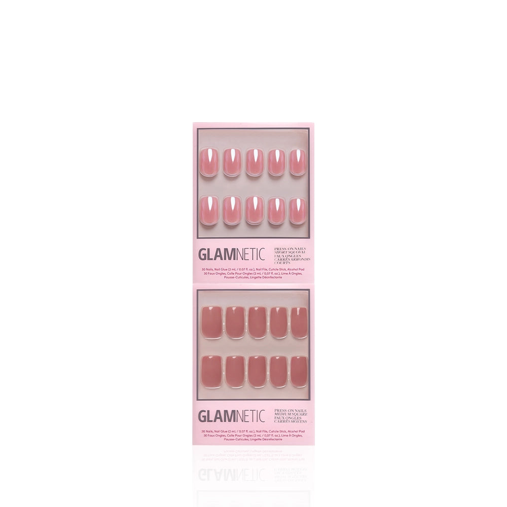 Two pink boxes of glamnetic All Mauve Everything press-on nails in a dusty rose shade, each with ten glossy nails arranged in a row, are displayed on a plain white background. - Product image