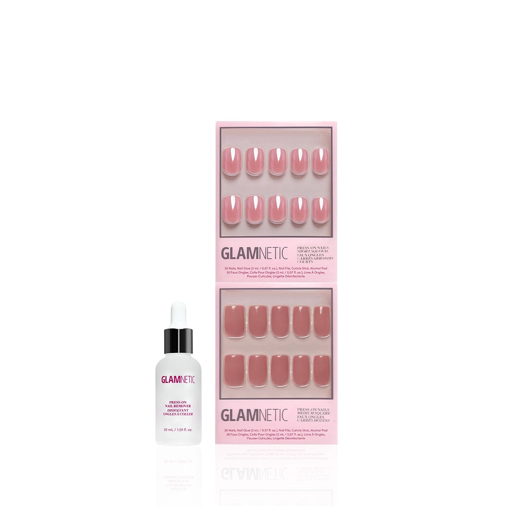 The All Mauve Everything set by glamnetic features glossy mauve pink press-on nails in two branded trays, shown beside a white glamnetic UV Gel Top Coat bottle with a dropper cap, all displayed on a white background. - Product image