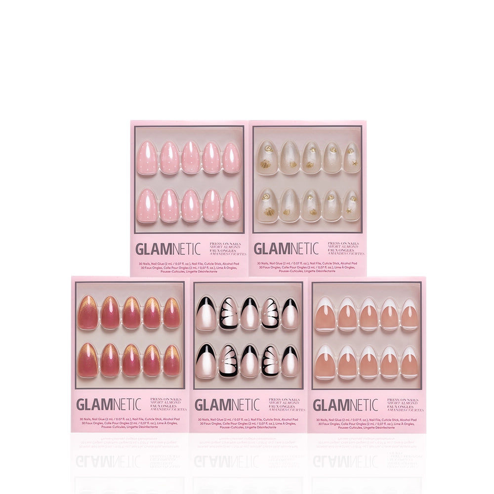 Five boxes of glamnetic Almond Atelier nail sets in assorted pink and nude shades—featuring glossy, metallic, marble, and French tip styles—are stacked in a pyramid, perfect for a chic nail bundle. - Product image