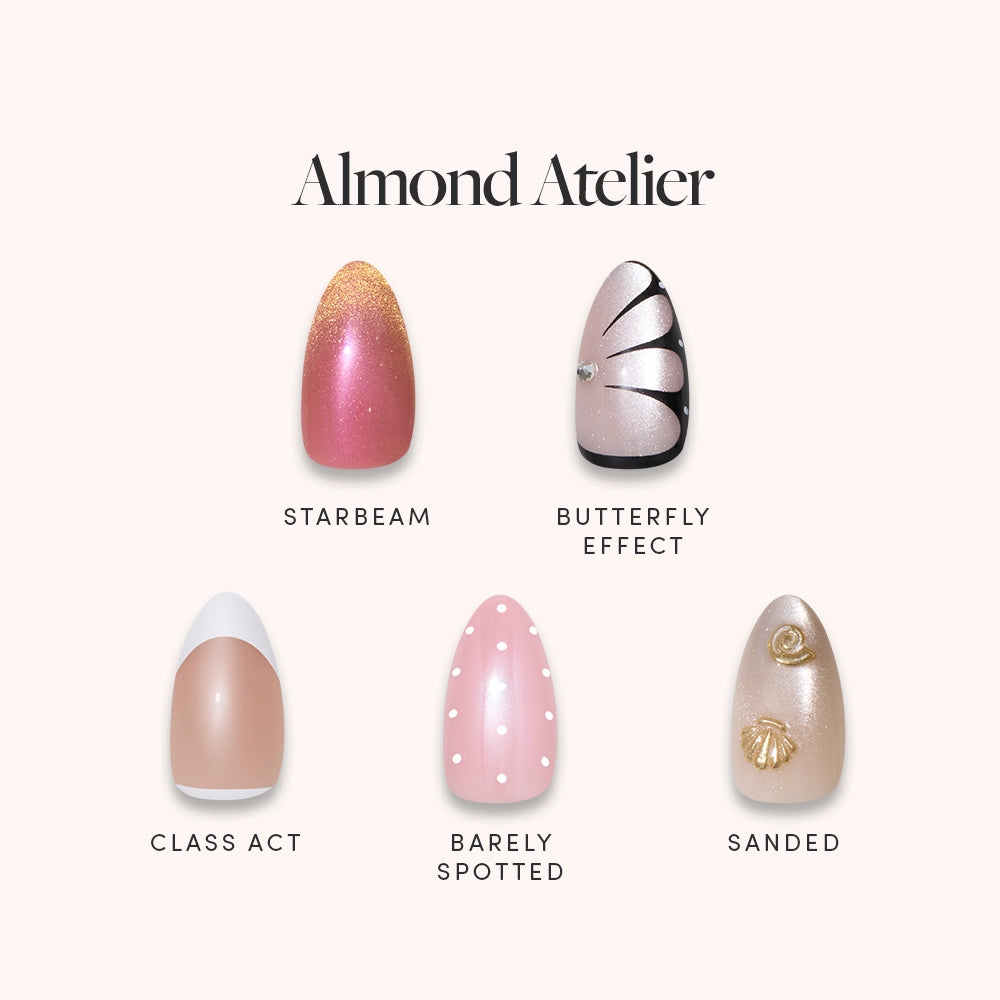 The glamnetic Almond Atelier bundle includes five chic, short almond nail sets—Starbeam (shimmery pink with gold tip), Butterfly Effect, Class Act, Barely Spotted, and Sanded—ideal for fans of stylish designs.