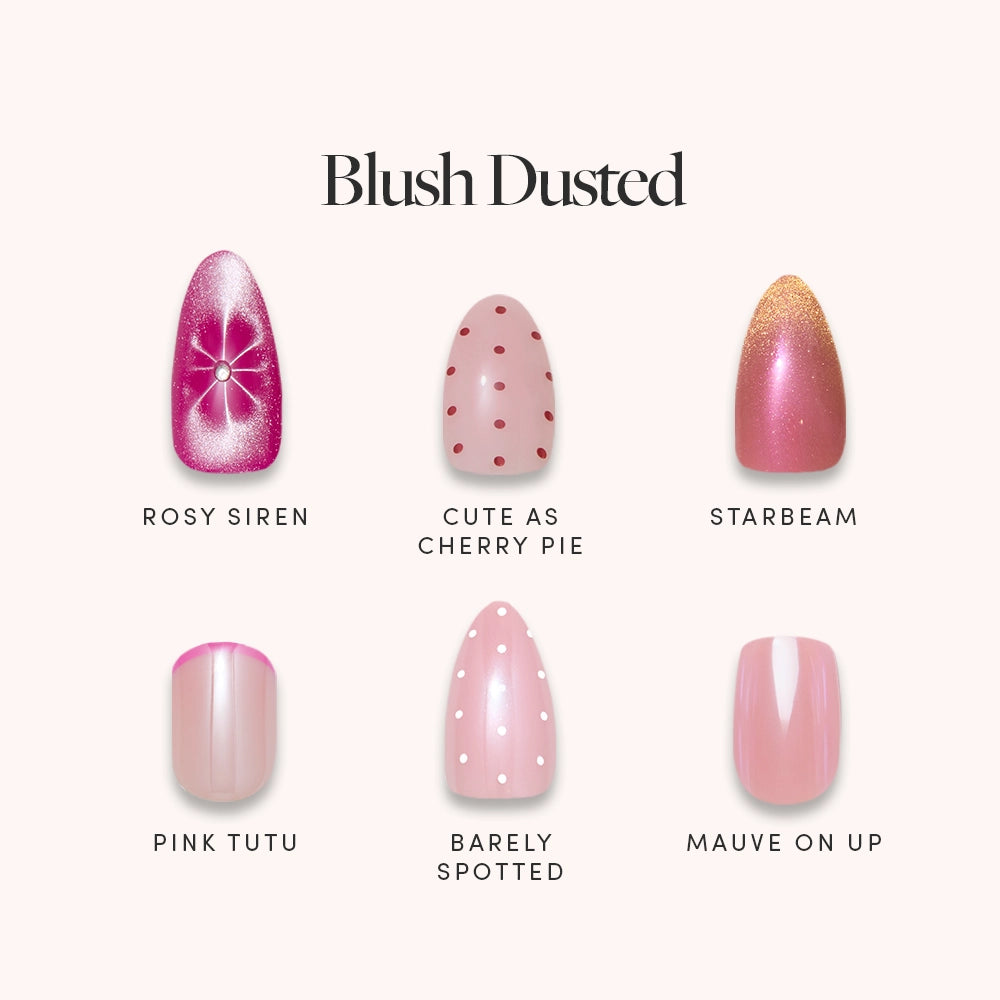 Discover six chic artificial nail designs from glamnetic, such as Blush Dusted (soft velvet pink), Rosy Siren (pink with white flower), Starbeam (shimmery rose gold), Pink Tutu (half pink), and more elegant press-ons.
