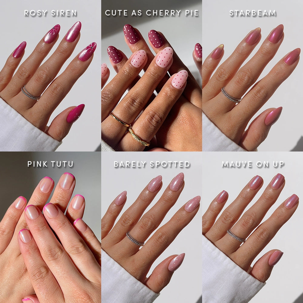 Six images show manicured hands with different pink nail designs from glamnetic's Blush Dusted collection. Designs include velvet, rosy ombré, shimmer, glossy light pink, polka dots, and mauve, each labeled individually.