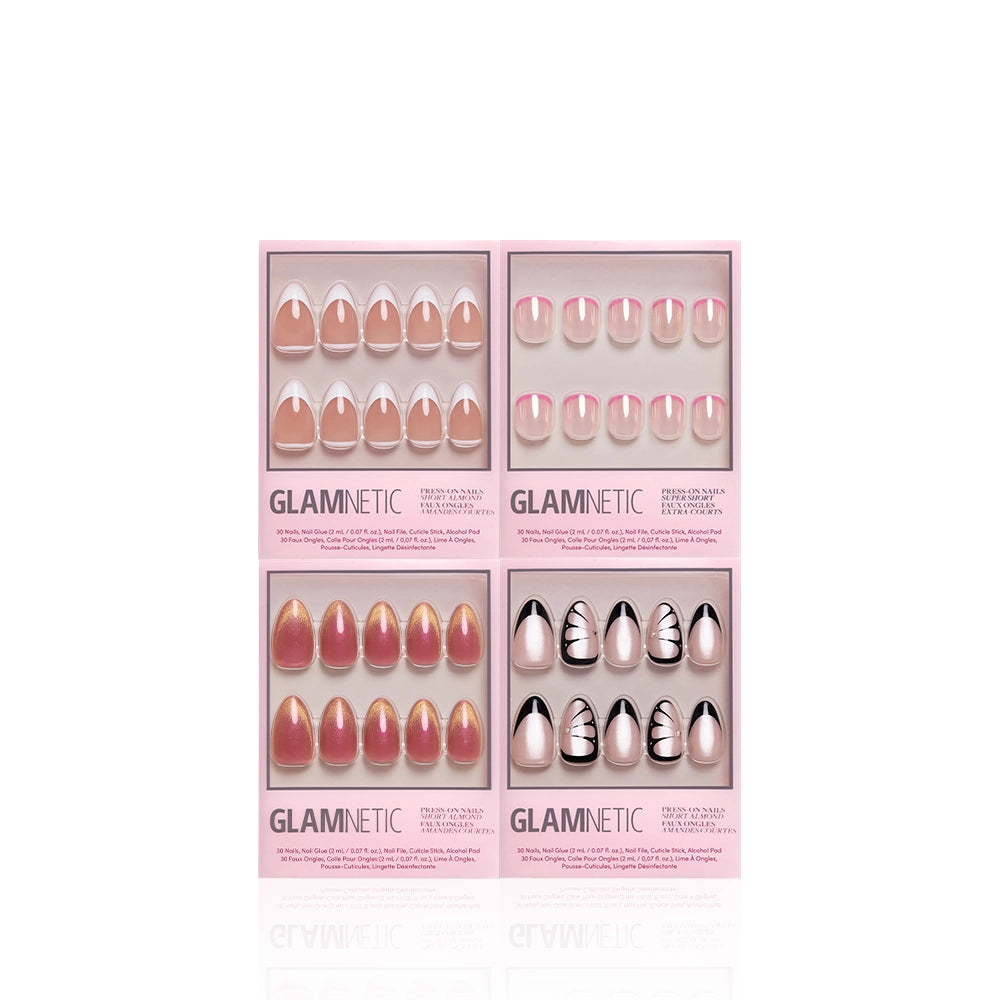 Four sets of glamnetic’s French Connection press-on nails in pink packaging, each offering modern manicures with French tips, pink gradients, and black-and-white abstract designs—the perfect bundle for any style. - Product image