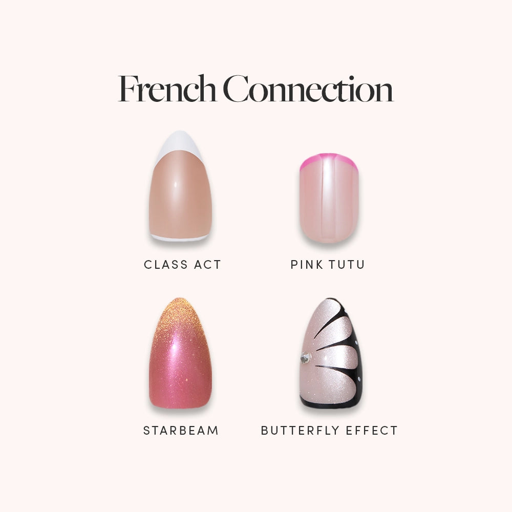 The French Connection by glamnetic features four nail designs: Class Act (classic French tip), Pink Tutu (pink French tip), Starbeam (shimmery pink), and Butterfly Effect (pink base with black &amp; white butterfly pattern)—the ultimate modern manicure bundle.