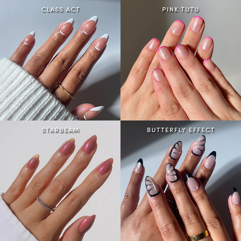 A collage of four images showcases the glamnetic French Connection manicure bundle: classic French tips, bold-outlined pink nails, shimmery pink nails, and nude nails with black butterfly wings.