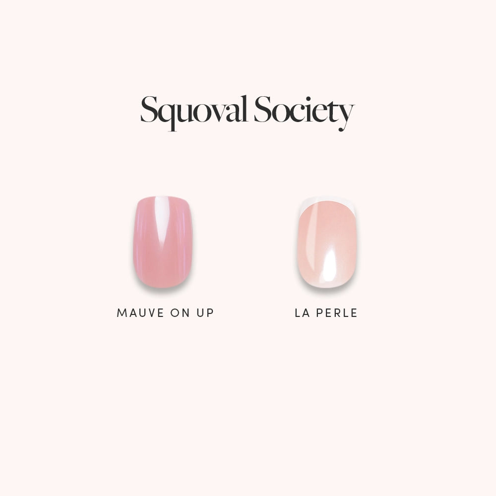 Two swatches from glamnetic's Squoval Society set are shown: Mauve On Up, a mauve-pink shade, and La Perle, a pale sheer pink. Both nail designs have a chic glazed finish.