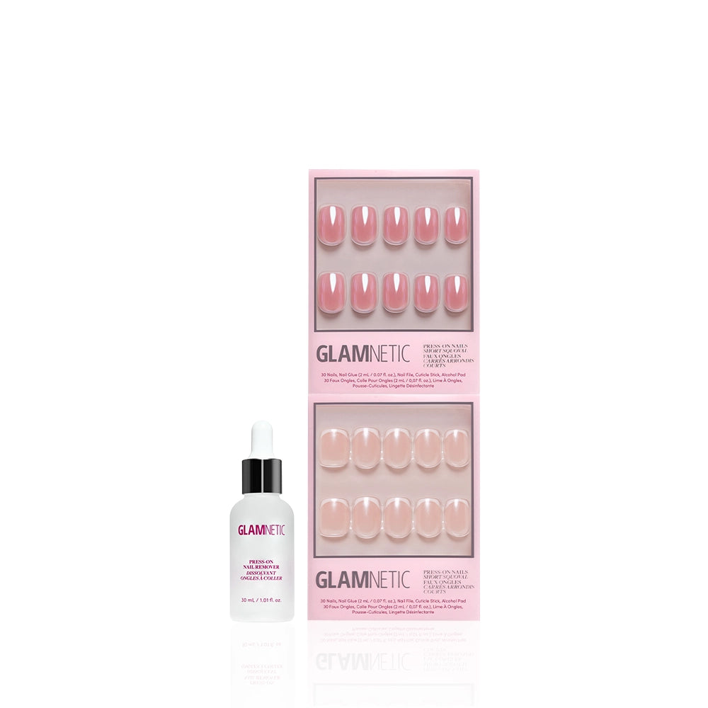 Glamnetic Squoval Society nail sets in soft mauve-pink, displayed in two boxes with a glazed finish, shown next to a Glamnetic cuticle oil bottle with dropper cap on a white background. - Product image