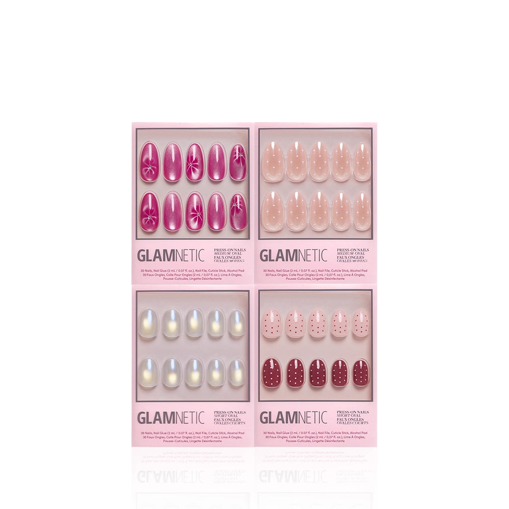 Four boxes of Glamnetic press-on nails, including The Oval Moment: a spring set with pink and white florals, glossy nude ovals, iridescent pearl nails, and deep red nails with white dotted and floral accents. - Product image