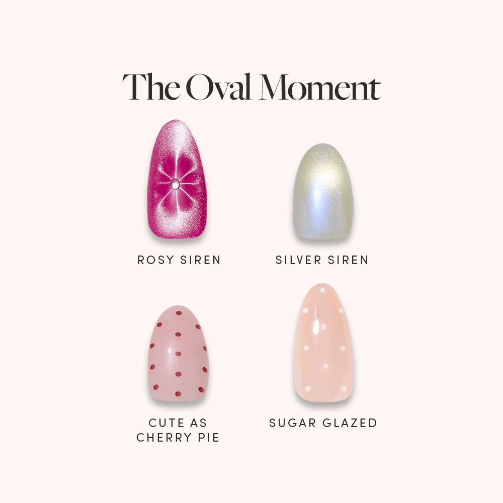 The Oval Moment by glamnetic features glossy oval nails in rosy pink with starburst, iridescent silver, nude pink with red dots, and sheer pink with white dots—perfect for a spring-ready manicure.