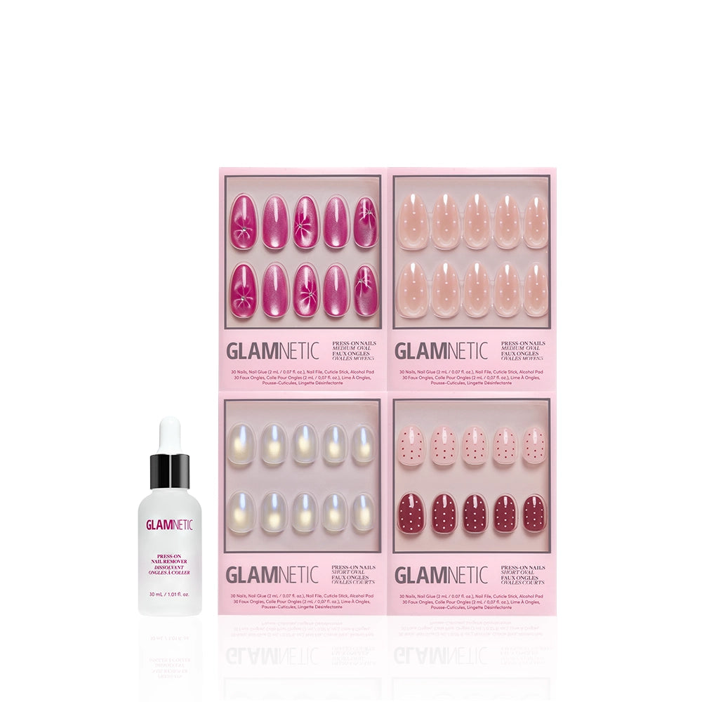 Four boxes of glamnetic's The Oval Moment press-on nails in pink and nude hues are arranged behind a nail glue dropper bottle, all set on a white background—ideal for a fresh spring manicure. - Product image