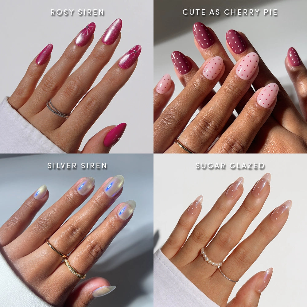 The Oval Moment by glamnetic features four oval nail designs: pink with white hearts, pink and red polka dots, iridescent silver, and glossy nude—perfect for a spring manicure.