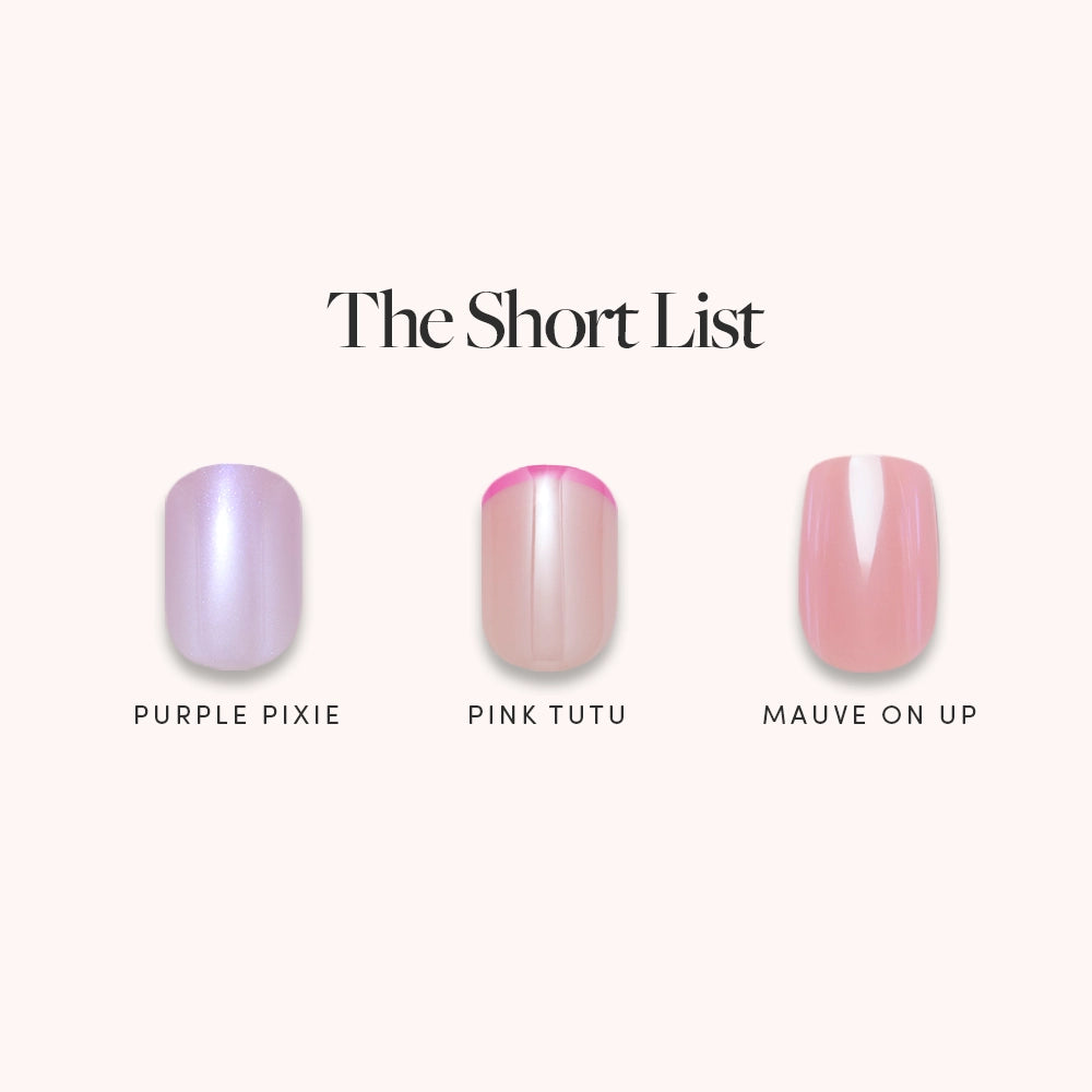 Three short squoval artificial nails from glamnetic's The Short List are shown: shimmery lavender (Purple Pixie), sheer pink with bright tip (Pink Tutu), and glossy nude-pink (Mauve On Up).