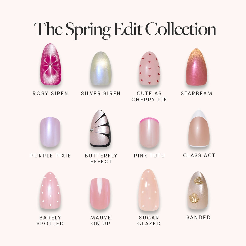 A set of 12 luminous nails from glamnetic’s The Spring Edit Collection, featuring shimmery designs like Rosy Siren, Silver Siren, Cute as Cherry Pie, Starbeam, Purple Pixie, Butterfly Effect, Pink Tutu, and more.