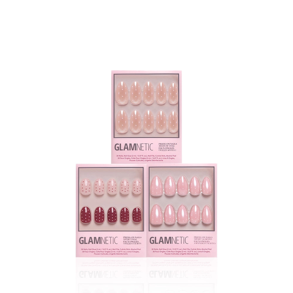 Three boxes of glamnetic press-on nails are displayed: the top features an almond set in nude pink, while the bottom two include Polka Pop (maroon with polka dots) and a light pink glazed-finish set. - Product image