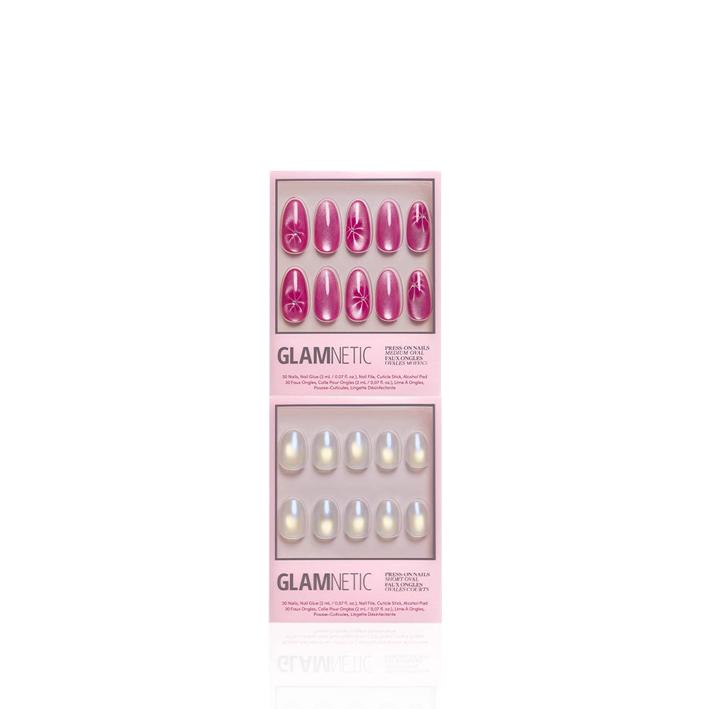 Two pink glamnetic "Siren Sisters" press-on nail sets in boxes are shown: the top is an oval set with white floral designs; the bottom set features pearly chrome nails, both displayed on a white background. - Product image