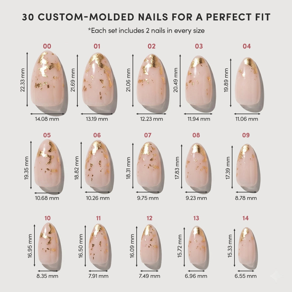 A chart displays 15 sizes of glamnetic's 24K custom-molded short almond press-on nails with gold flakes on a nude base, each labeled by number and millimeter size for length and width, arranged in three rows. - Product image