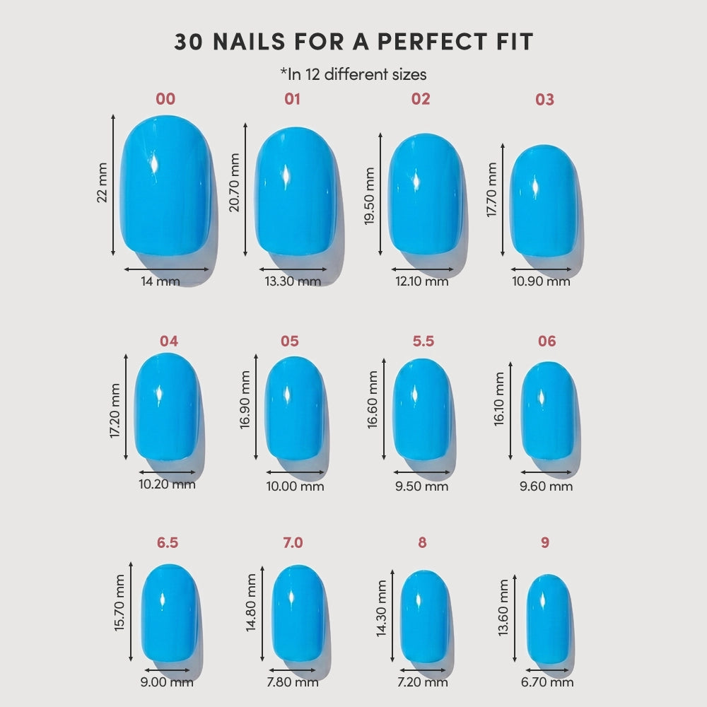 A chart displays 12 Azure Blue nail sizes by glamnetic in bright blue, each labeled with width and height in millimeters, for a total of 30 short round press-on nails ensuring lasting wear and a perfect fit. - Product image