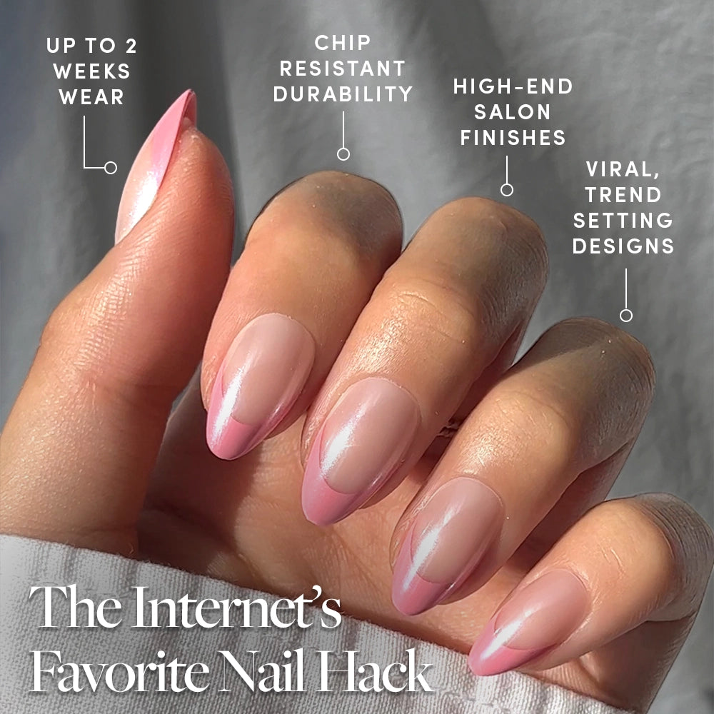 A hand with long, almond-shaped nails in glamnetic’s Bubble Gum Glaze is shown. Labels highlight up to 2 weeks wear, chip-resistant durability, high-end salon finish, and the viral trend-setting Bubble Gum Glaze Nail Set. - Product image