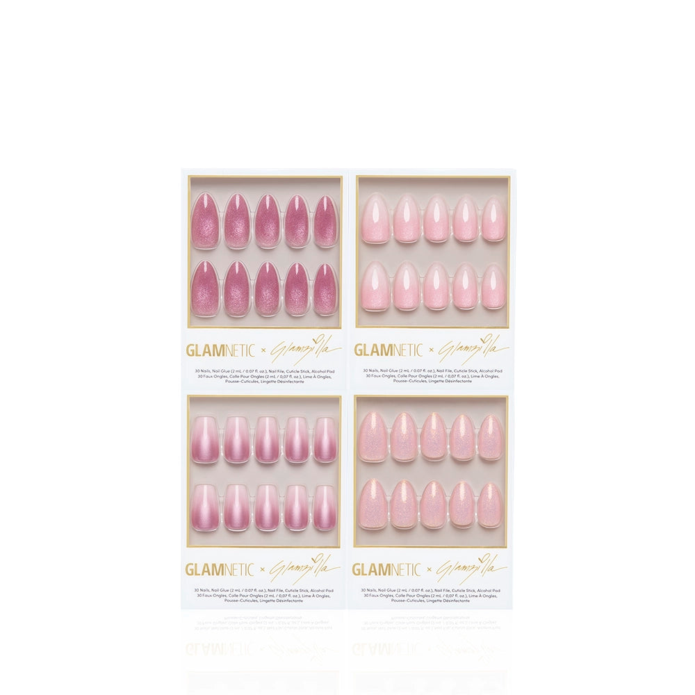 Four sets of glamnetic CHRONICALLY PINK press-on nails, each in neat packaging with assorted shapes and finishes, displayed on a white background. - Product image