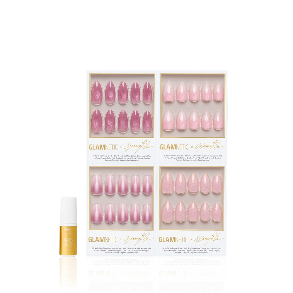 The CHRONICALLY PINK set by glamnetic includes four boxes of pink press-on nails in assorted light pink and glitter designs, each with unique nail shapes, plus a small gold and white bottle placed to the left. - Product image