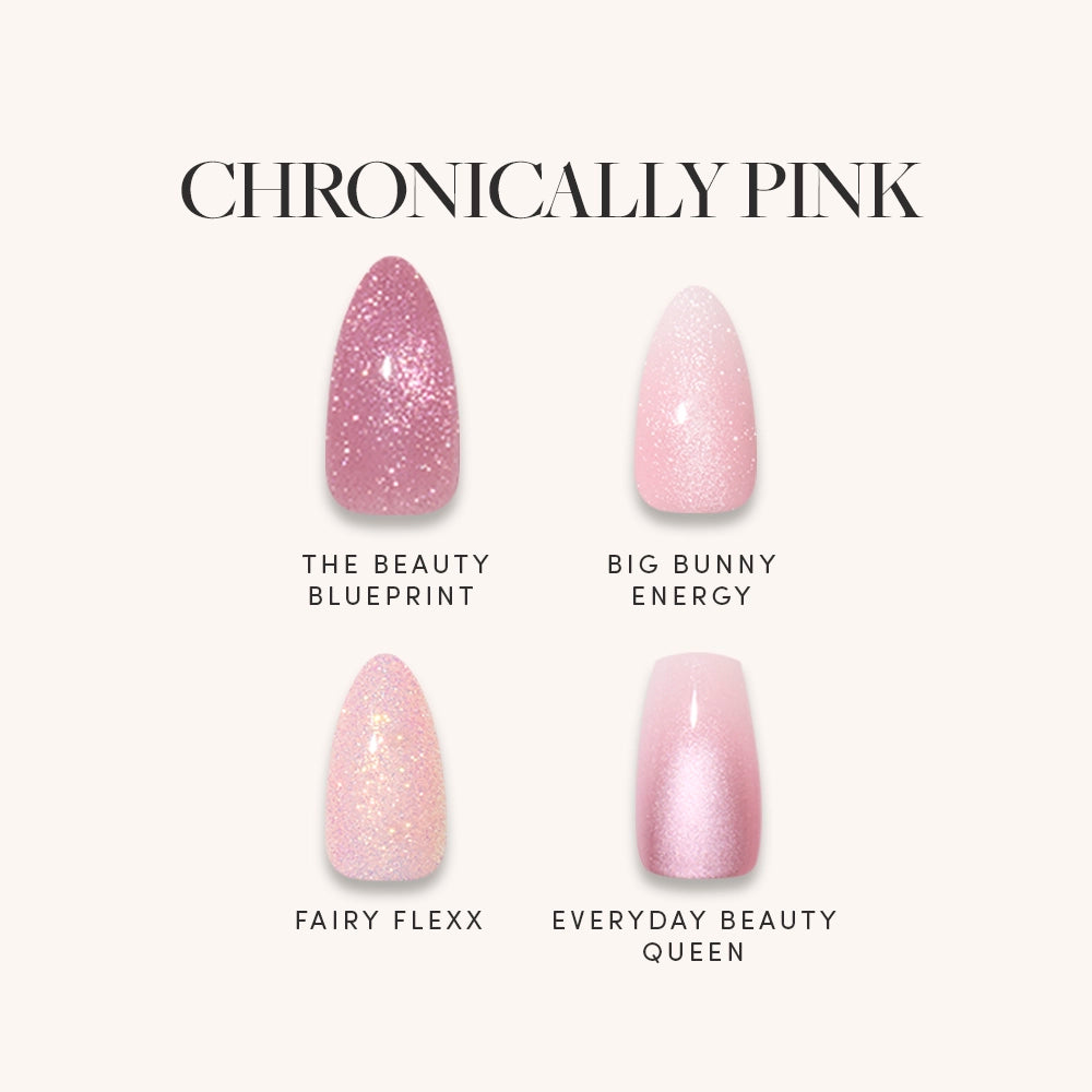CHRONICALLY PINK by glamnetic: Four pink nail polish swatches inspired by GLAMNETIC x GLAMZILLA press-on nails—sparkly mauve (“The Beauty Blueprint”), soft pink (“Big Bunny Energy”), glittery pale pink, and pearly pink.