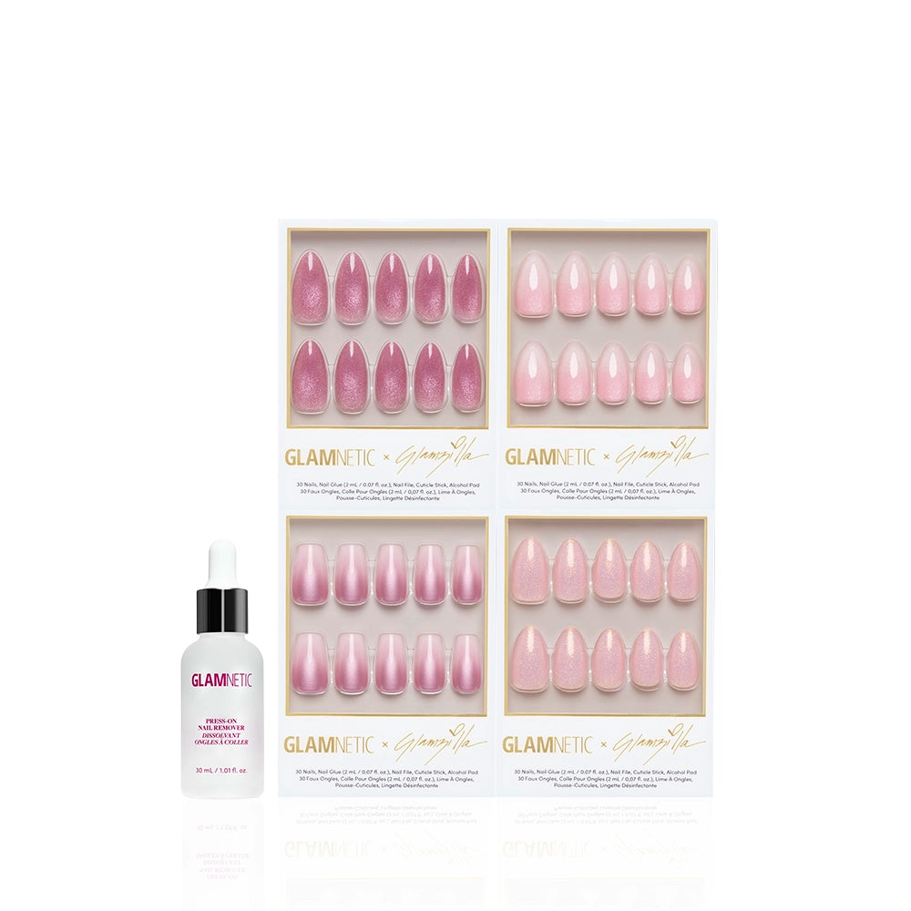 A set of four CHRONICALLY PINK press-on nail trays from glamnetic, in different shapes and sizes, plus a bottle of cuticle oil, beautifully arranged against a white background. - Product image