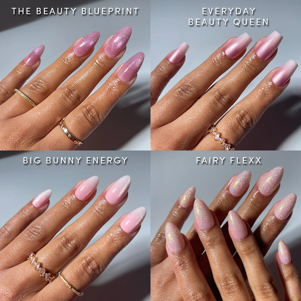 A collage showcases four manicured hands wearing glamnetic CHRONICALLY PINK press-on nails in sparkly light pink, glossy pink, ombre pink with glitter tips, and iridescent glitter designs. Each hand is accessorized with unique rings.