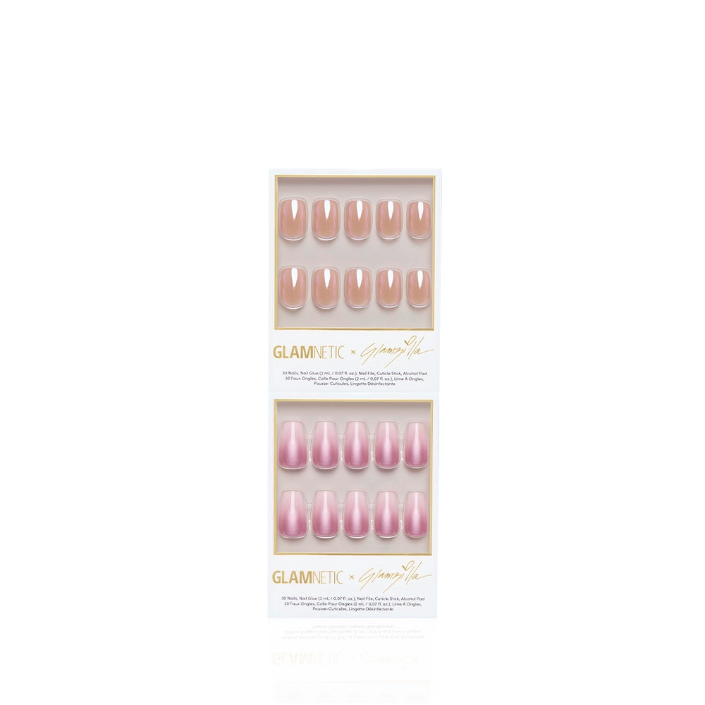 Two sets of pink glossy gradient coffin press-on nails, named "CORNER OFFICE" by glamnetic, are arranged neatly in two rows in a branded box on a white background—perfect for a chic, ready-to-wear manicure. - Product image