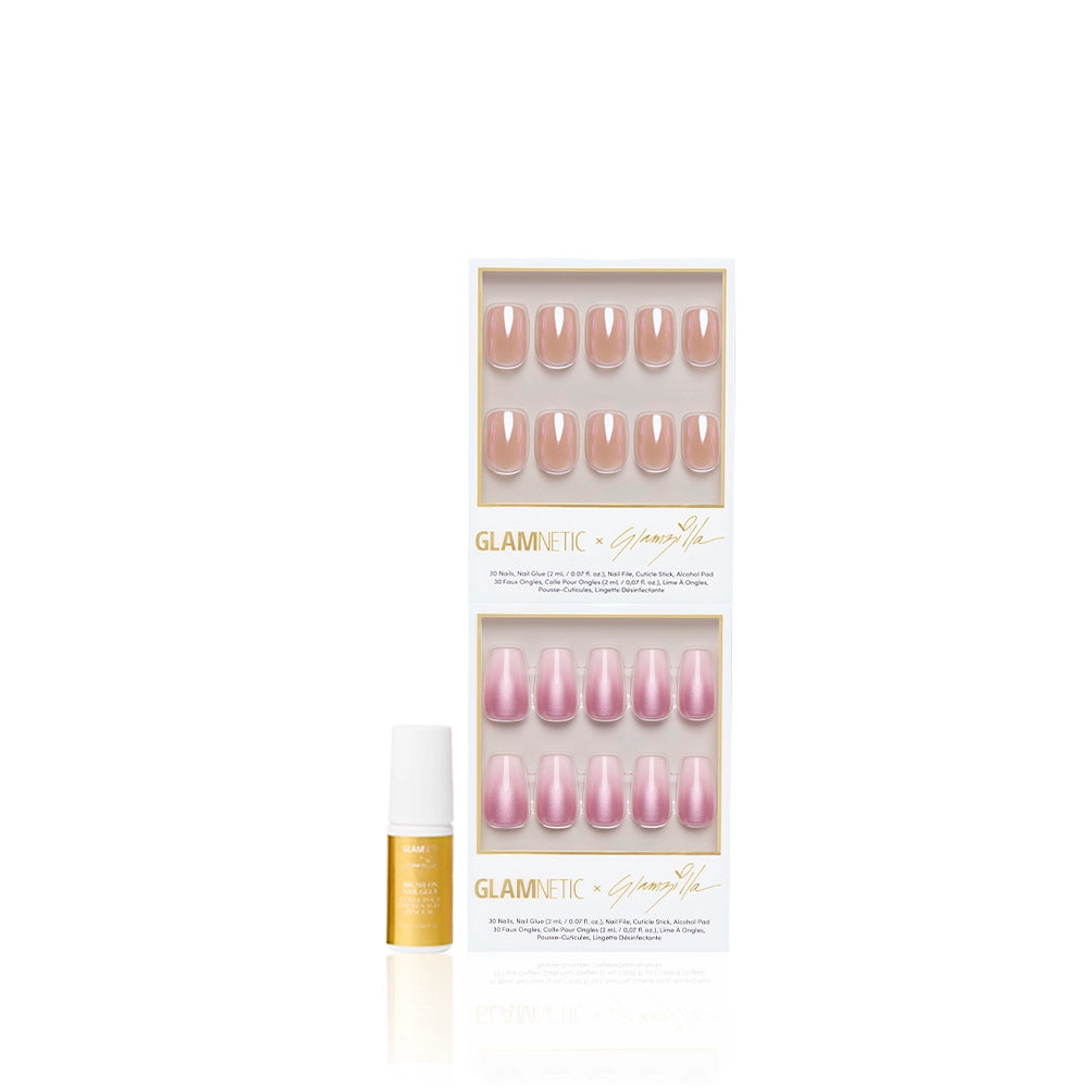 A set of pink and nude squoval press-on nails from glamnetic, style CORNER OFFICE, displayed in two trays with a small gold and white nail glue bottle in front. Packaging shows the glamnetic brand name. - Product image