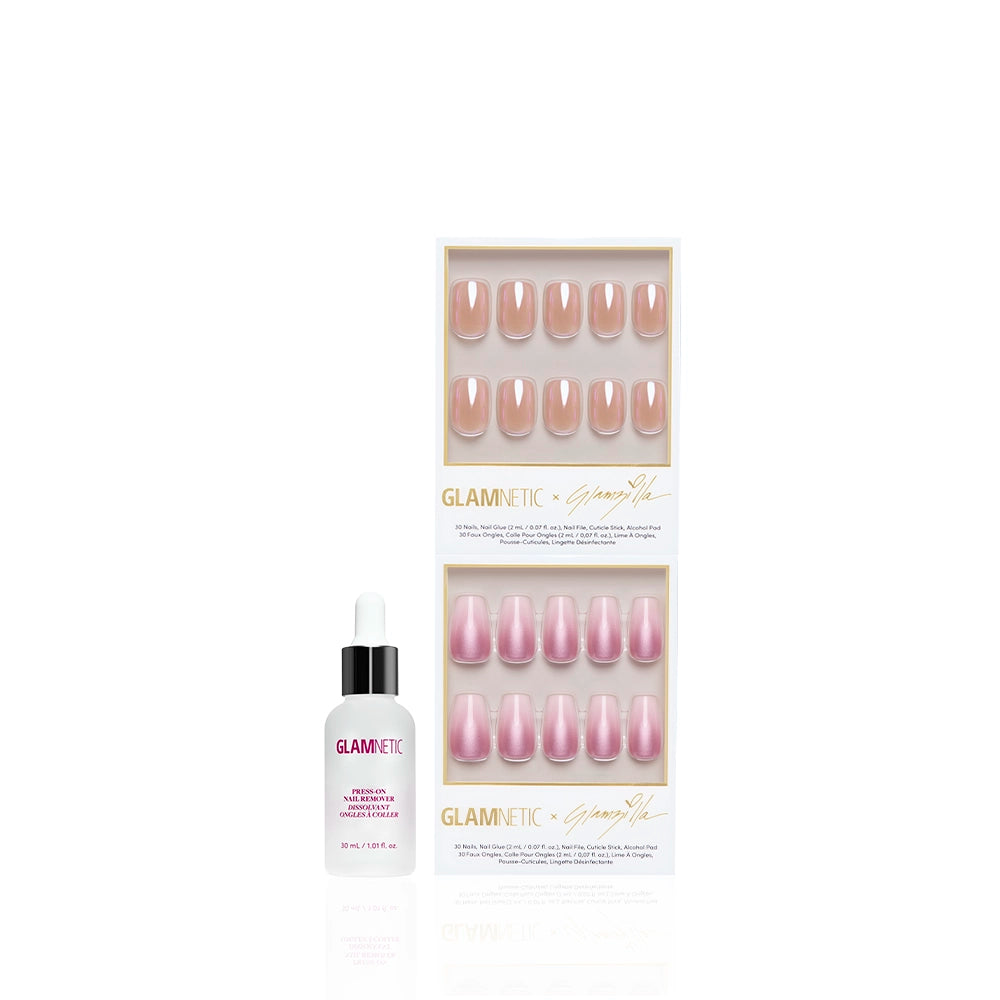 The glamnetic CORNER OFFICE squoval press-on nails in two pink shades are shown in packaging next to a small bottle of glamnetic nail glue with a white and pink dropper cap, all set against a white background. - Product image