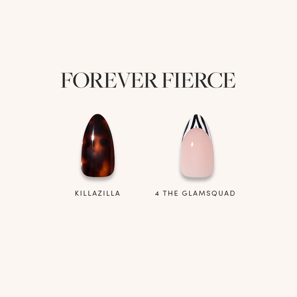 Two almond press-on nails from glamnetic’s FOREVER FIERCE set: KILLAZILLA has a tortoiseshell animal print, while 4 THE GLAMSQUAD is nude with a silver chrome tip for instant glam.