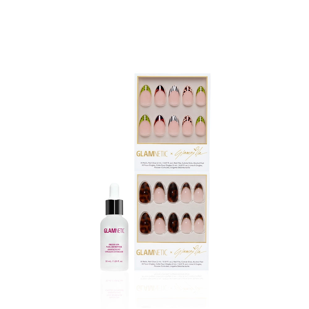 The glamnetic FOREVER FIERCE set features almond press-on nails in pink and green tip designs, plus brown animal print, all boxed with a small pink nail glue bottle on a white background. - Product image
