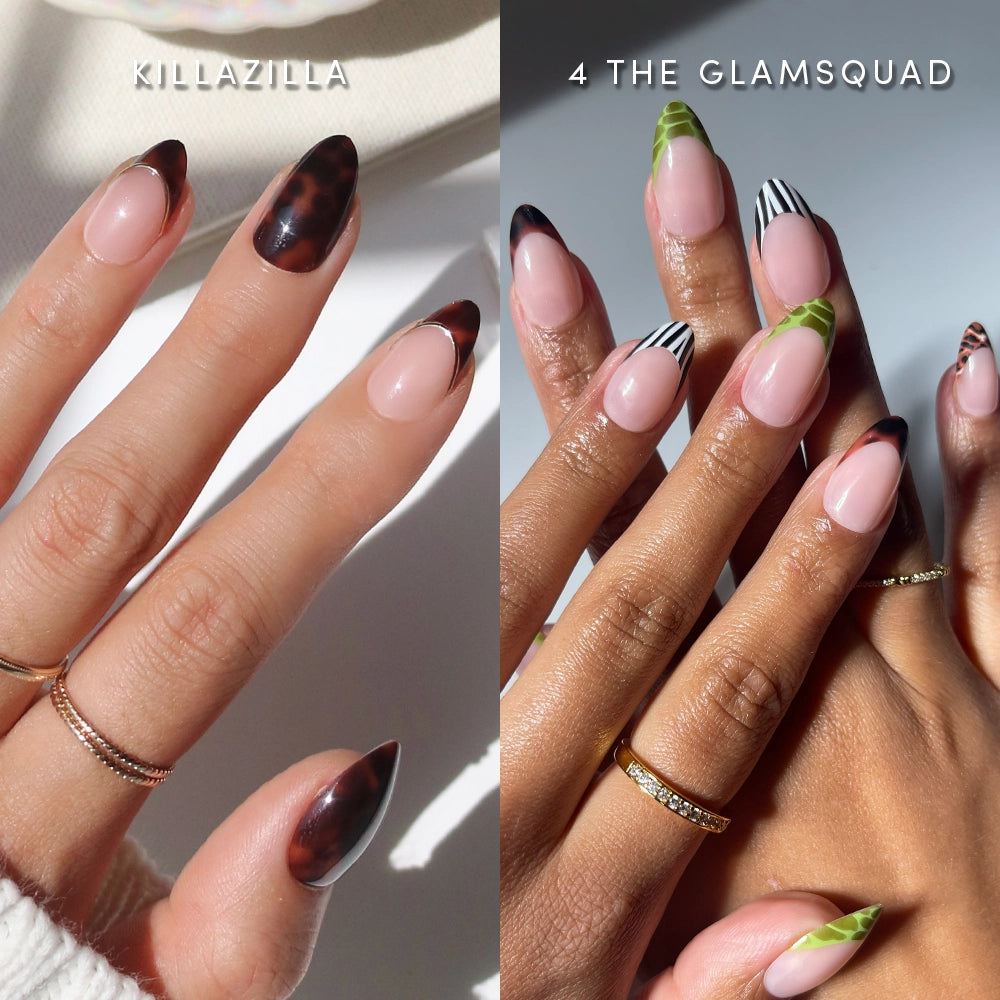 Split image of two manicure styles: left shows almond-shaped animal print nails with brown tortoiseshell tips; right features glamnetic's FOREVER FIERCE almond press-ons with green, black, and white graphic tips. Both hands wear delicate rings.