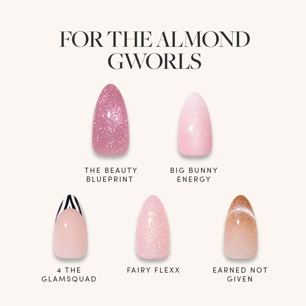 FOR THE ALMOND GWORLS by glamnetic features five almond-shaped press-on nails in glittery pink, shimmery soft pink, nude with black and white tips, light shimmery pink, and nude with an ombre brown tip—each with a unique name.