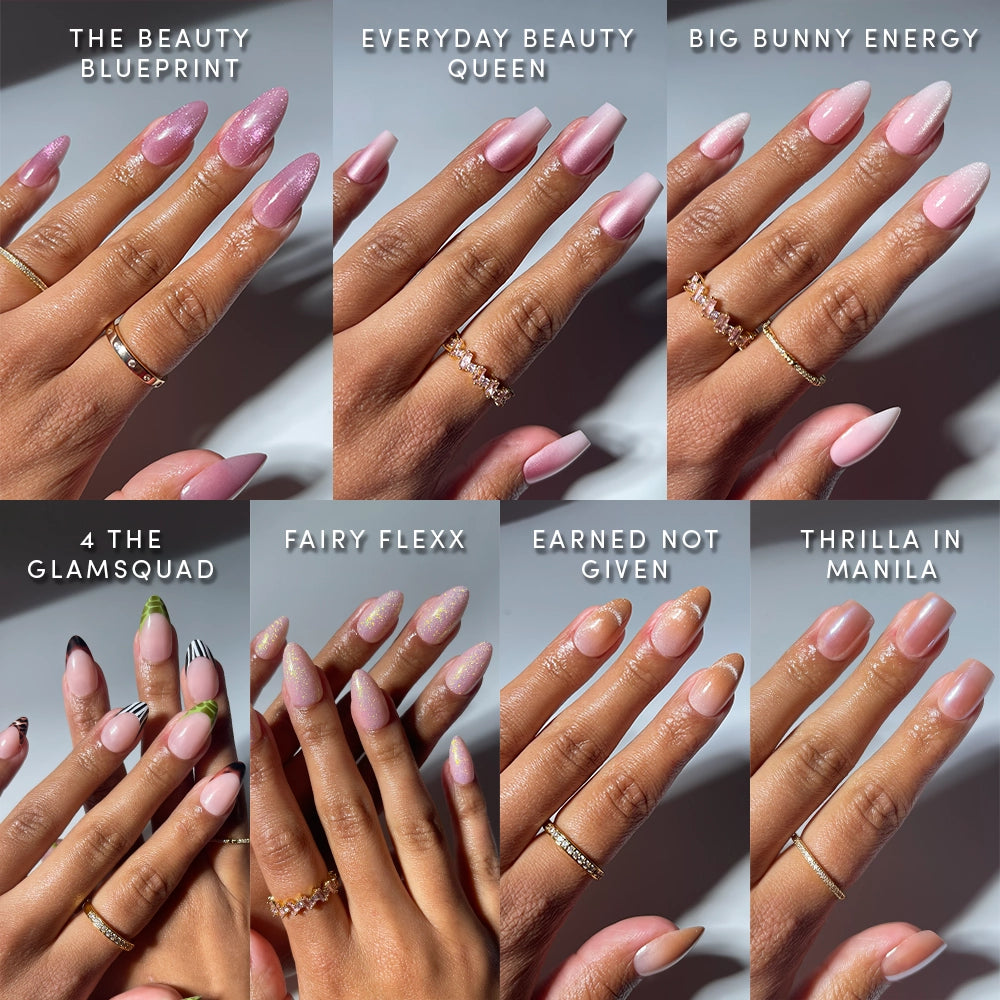 A grid of seven hands displays almond-shaped press-on nails from the GLAMSQUAD FOREVER collection, featuring styles including The Beauty Blueprint, Everyday Beauty Queen, Big Bunny Energy, 4 The Glamsquad, Fairy Flexx, Earned Not Given, and Thrilla In Manila.