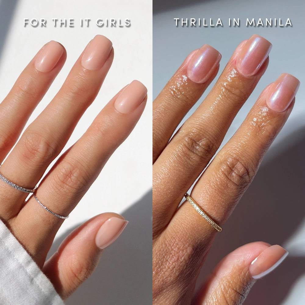 Two hands with different manicures: the left features short squoval glamnetic press-ons in the glossy nude shade IN THE NUDE, while the right has translucent pink nails from GLAMNETIC x GLAMZILLA. Both are accessorized with delicate rings.