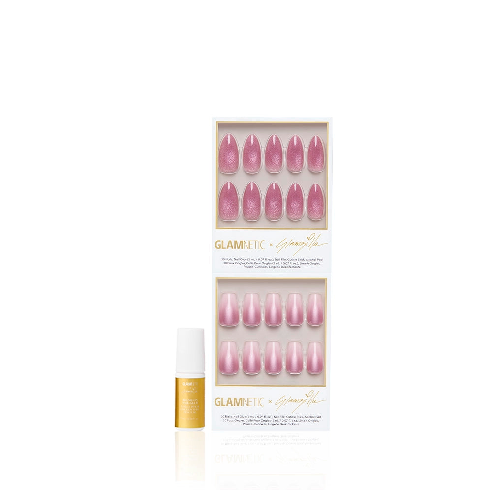 Two boxes of glamnetic’s MEDIUM RARE pink ombré press-on nails, with a small gold and white bottle of nail glue in front, are arranged against a white background. - Product image