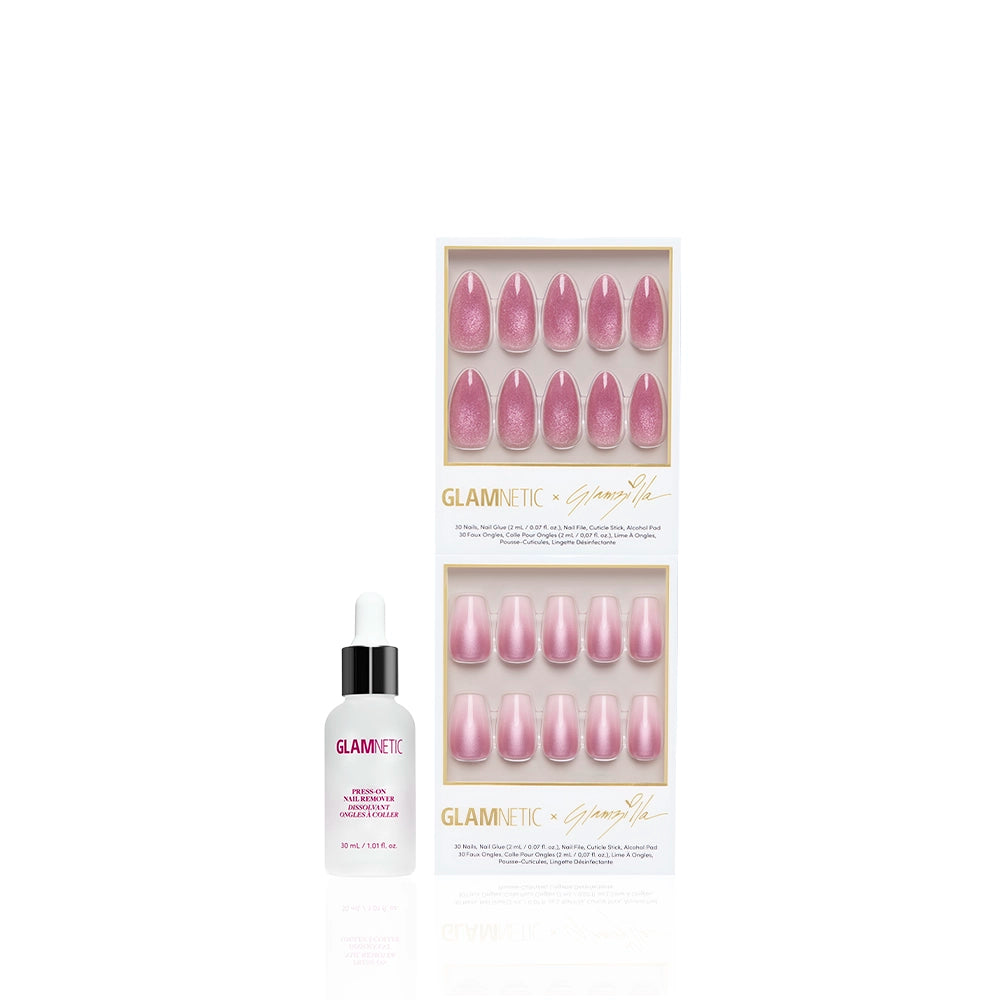 Two boxes of glamnetic MEDIUM RARE press-on nails—one mauve almond and one pink ombré—are shown above a small Glamnetic nail glue bottle with a dropper cap, all set on a white background. - Product image