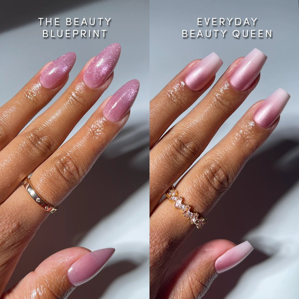 Two hands with manicured nails: left hand features mauve almond press-ons labeled “glamnetic MEDIUM RARE;” right hand has matte, light pink, square-shaped nails.